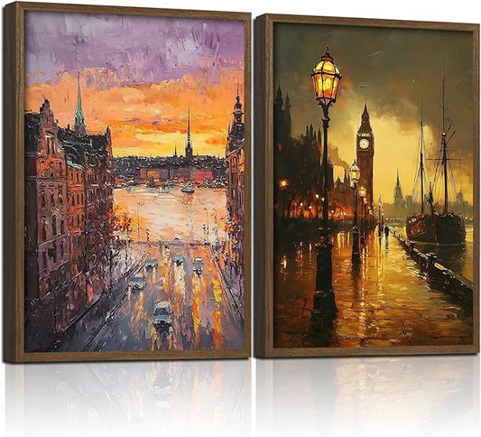 2Pcs Wood Framed Oil Painting Landscape Wall Art Vintage City Canvas Print Dusk Scenery Poster Decorative Painting European Street Scene Picture Artwork Living Room Study Gallery Decor 16x24 Inch