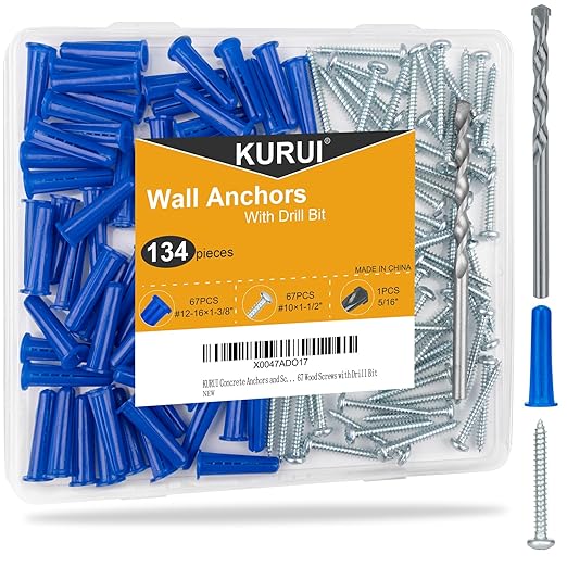 KURUI #12-16 Wall Anchors and Screws Kit, 134 PCs Drywall Anchors for Drywall Brick Masonry Stucco Concrete, 67 Plastic Concrete Anchors and 67 Wood Screws, Drywall Anchors for Picture, Curtain Rod