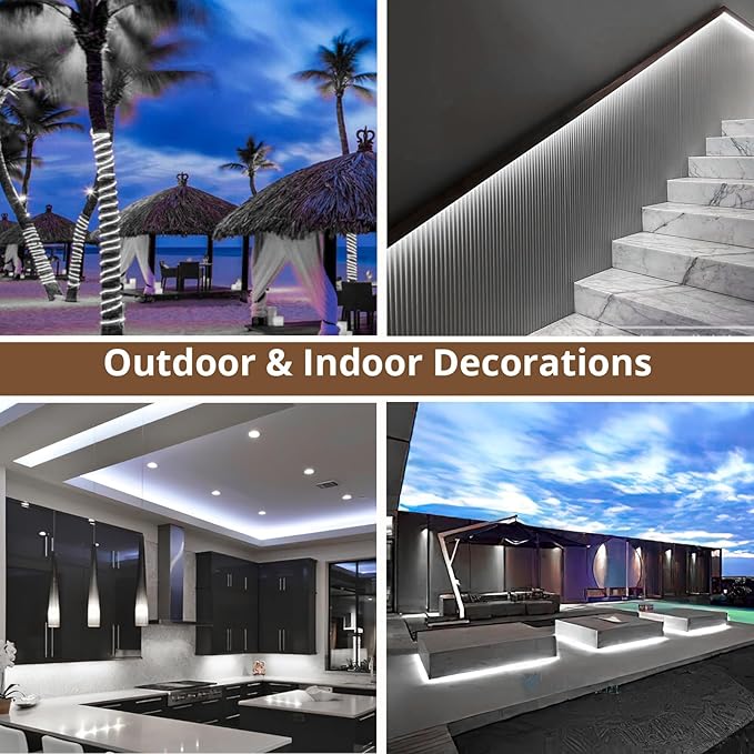 LED Rope Lights, 16.4 Feet Daylight Flat Flexible Strip Light, Plug in Novelty Lighting, Connectable and Waterproof for Home Christmas Holiday Garden Patio Party Decoration