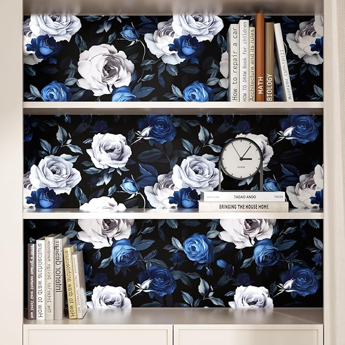 Black Foral Wallpaper Peel and Stick Dark Blue White Rose Contact Paper 17.4" x 393", Self-Adhesive Removable Vintage Flower Wall Paper for Bedroom Countertop Desk Cabinets Decor Renter Friendly