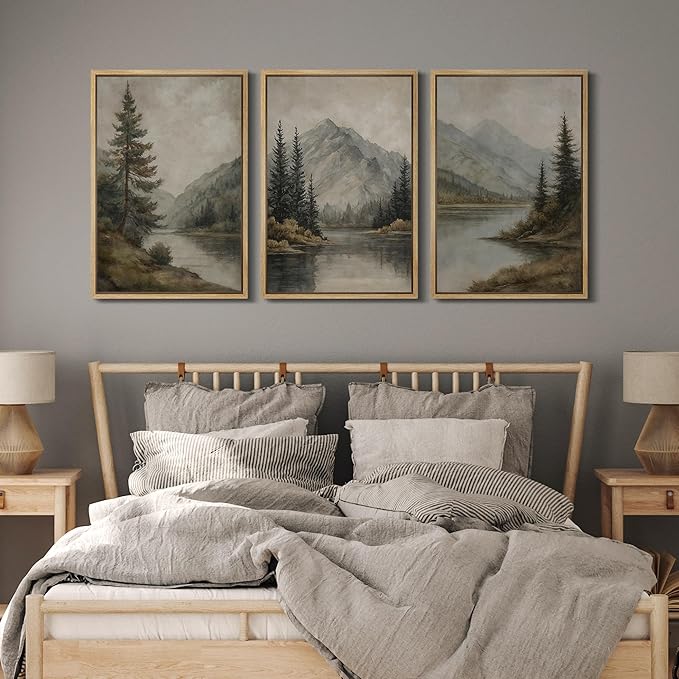 MUDECOR Framed Wall Art Print Set Mountain Landscape Nature with Trees, Lake, and Mountains, Rustic Illustrations Modern Art Decorative Colorful for Living Room, Bedroom, Office - 24"x36"x3 Natural
