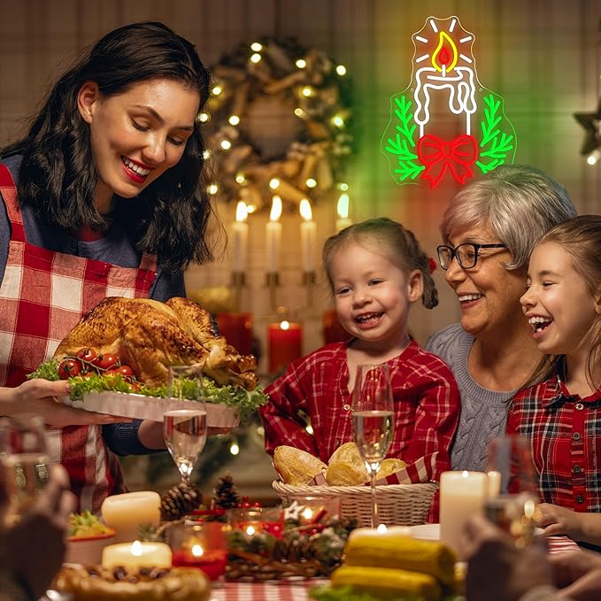 Candle Christmas Neon Sign with Dimmable Switch Christmas Bow Holly Neon Light Sign for Xmas Pray Home New Year Party Church Wedding Store Wall Decorations