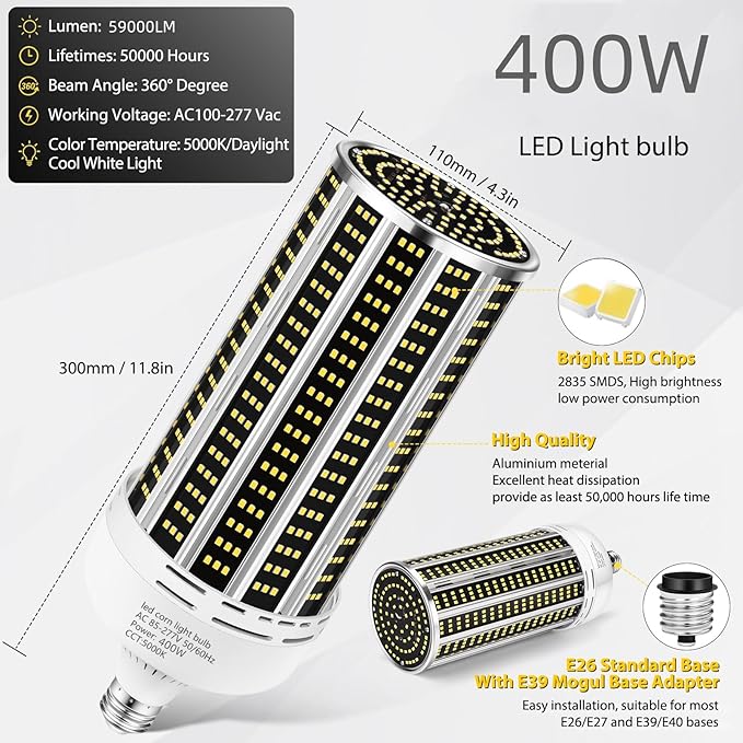 2 Pack 400W LED Corn Light Bulb,3850W Equivalent Commercial Grade 59000LM 5000K Daylight E26/E39 Medium/Mogul Base LED Lamp,Large Area Lights for Outdoor Indoor Garage Warehouse Gym Bay Light