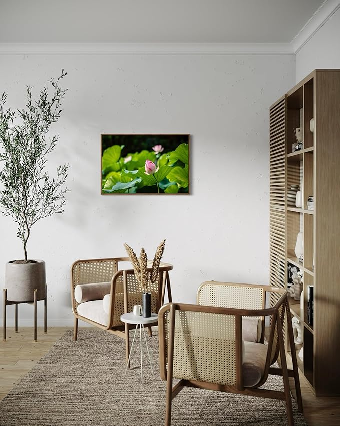 Oriental Beauty: Stunning Feng Shui Landscape Wall Art Prints for Home Decor in 3 Sizes (Serenity in Bloom: Pink Lotus Bud Amidst Green, 24" x 36")