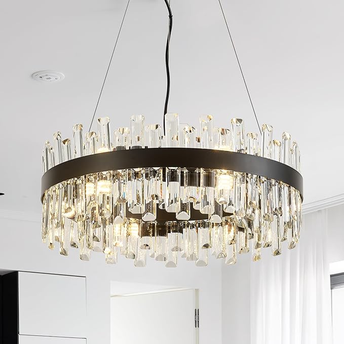 21.7" Black Modern Crystal Chandelier Light Fixtures Luxury 2 Ring Crystal Chandeliers for Dining Room 12-Light Round Hanging Pendant Lighting for Living Room Kitchen Island Entryway Bedroom