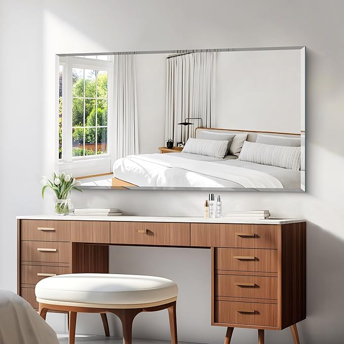 KOCUUY Beveled Mirror, 55x30 Inch Large Frameless Bathroom Mirror for Over Sink, Upgraded Shatterproof Beveled Unframed Design Mirror for Bathroom, Bedroom, Hang Horizontal/Vertical