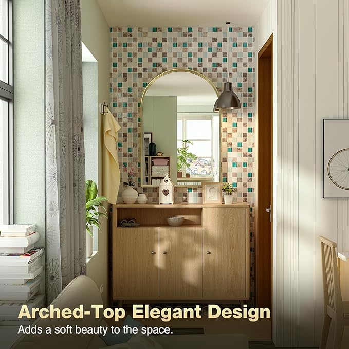 Brightify Arched Wall Mirror, 26 x 38 Inch, Gold Metal Frame, HD Silver, Bathroom, Living Room, Wall Mount