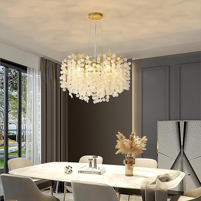 24-Inch Capiz Shell Chandelier, 8-Light Gold Coastal Chandelier, Modern Crystal Tree Branch Chandeliers, Boho Light Fixture for Bedroom, Living Room, Foyer, Entryway, Stairwell