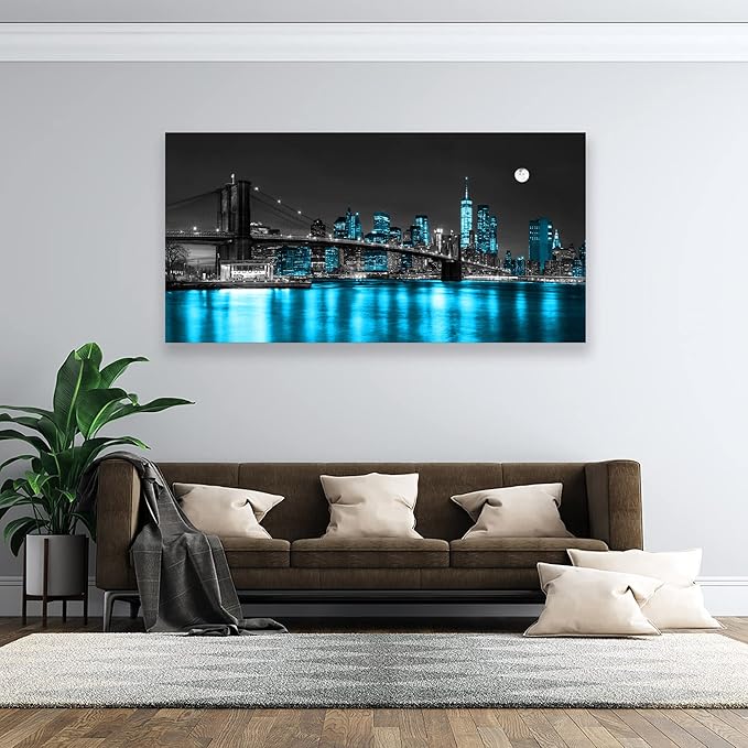 Aibonnly Wall Art Canvas Painting Black White and Blue New York Brooklyn Bridge 1 Piece Cityscape Night Building Picture Poster Print Framed for Living Room Bedroom Kitchen Office Home Decor