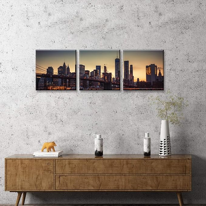 NAN Wind 3PCS Modern Urban Skyline Wall Art NYC-Inspired Twilight Cityscape Framed Canvas Prints Art Contemporary Manhattan Bridge Golden Sunset Skyscraper Canvas Pictures for Home Office Decor