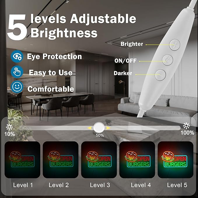 Burgers Open Neon Sign for Wall Décor Dimmable Business Hamburger Food Shop LED Neon Light USB Powered Neon Art Signs Decor