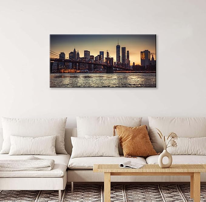 NAN Wind 1PCS New York City Skyline Canvas Wall Art Brooklyn Bridge at Sunset Golden Hour Manhattan Cityscape Pictures Canvas Artwork East River Reflection Modern Urban Home Decor Living Room Office
