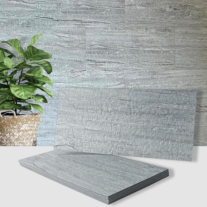 AULIGET 20-Piece Grey Shale Peel and Stick Backsplash Wall Tiles, 6" x 12" PVC Faux Stone Stick on Tiles for Backsplash Kitchen, Bathroom, Laundry Room, Camper, Fireplace