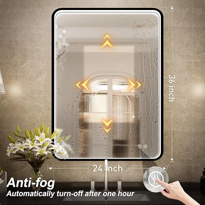 36x24 Inch LED Bathroom Mirror with Lights, Black Metal Frame Mirror, Wall Mounted Lighted Vanity Mirrors for Wall, Anti Fog Dimmable Led Mirror for Makeup