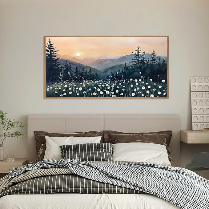 KAIRNE Large Mountain Landscape Wall Art, Watercolor Forest and Misty Pine Tree Canvas Print, Nature Scenery Artwork for Living Room Bedroom Office Decor, Rustic Wood Frame Ready to Hang, 20x40inch