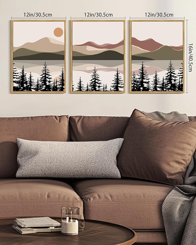 KUVIOKE Watercolor Mountain Landscape Framed Wall Art Laker Tree Boho Nature Artwork Painting Bohemain Farmhouse Rustic Home Decor 12x16in (Natural Framed)