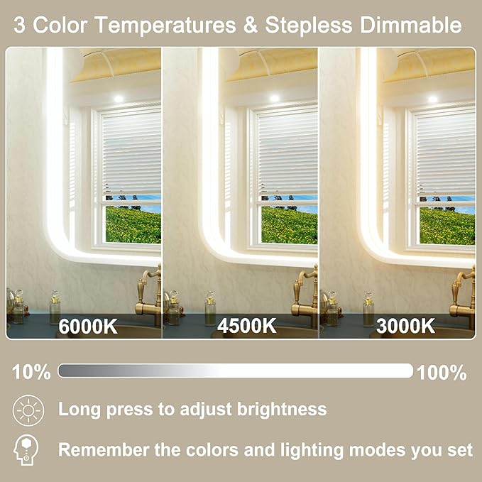 48x36 Inch Silver LED Bathroom Mirror with Lights, Adjustable 3000K/4500K/6000K, Framed Lighted Bathroom Vanity Mirrors for Wall, Anti-Fog, Stepless Dimmable, Memory, Horizontal/Vertical