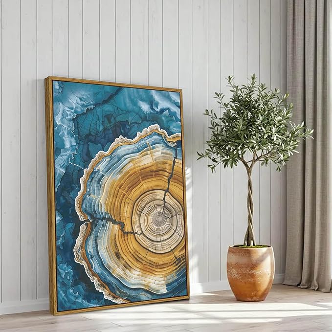 BingruiArt Large Framed Tree Ring Wall Art Wood Canvas Colorful Boho Wall Decor Rustic Artwork Abstract Painting Farmhouse Picture Nature Print for Living Room Bedroom Bathroom 24"x36" Natural Framed(07)