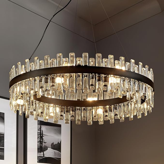 31.9" Black Modern Crystal Chandelier Light Fixtures Luxury 2 Ring Crystal Chandeliers for Dining Room 16-Light Round Hanging Pendant Lighting for Living Room Kitchen Island Entryway Bedroom