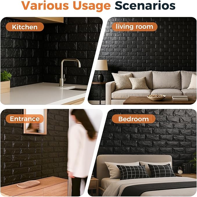 20 Pcs 3d Wall Panels Stick and Peel, Black Brick Printable Faux Paneling Self Adhesive Waterproof 3d Wallpaper Stick and Peel for Bedroom, Bathroom, Kitchen, Fireplace (19.38 sq feet Coverage)