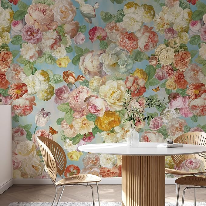 Large French Floral Wall Murals Colorful Peony Flower Wallpaper Peel and Stick 87" W x 110" H Self Adhesive Oil Painting Wallpaper for Bedroom Living Room TV Background Home Wall Decor