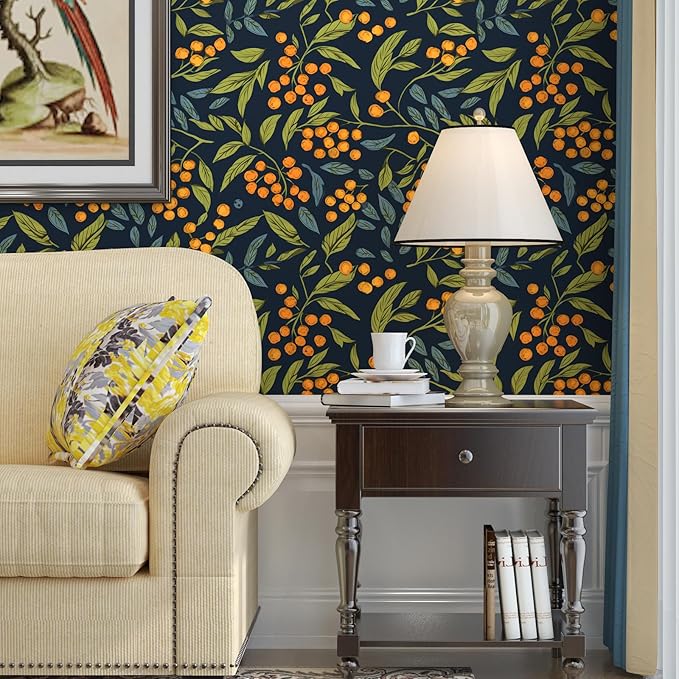 Boho Wallpaper Peel and Stick Floral Contact Paper Leaves Wall Paper for Closet Countertop Cabinet Renter Friendly Removable Self Adhesive Blue Orange Green 17.5 x 196.5In