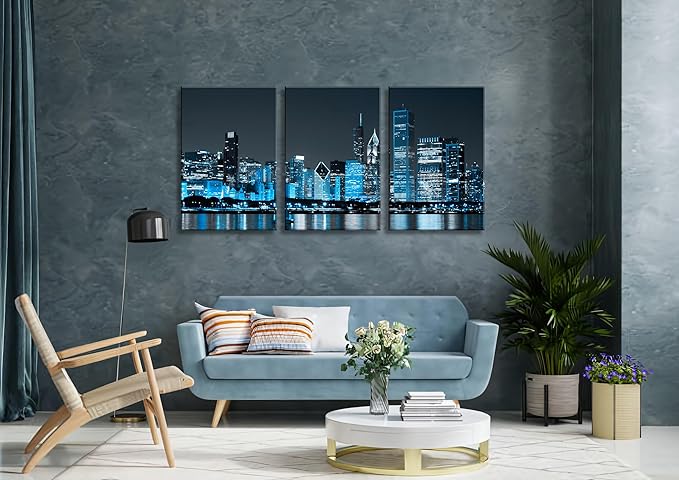 NAN Wind Modern Office Decor Chicago Skyline Canvas Art Chicago City Center Skyline Canvas Prints Cityscape Wall Decorations Blue Wall Decor for Living Room Pictures for Bedroom Decorations