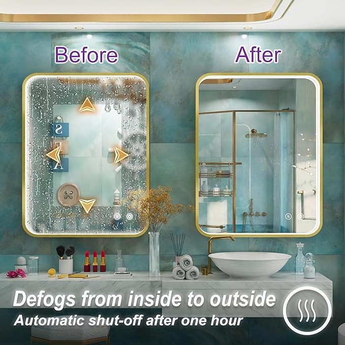 28x36 Inch Gold LED Bathroom Mirror with Lights, Wall Mounted Framed Lighted Bathroom Vanity Mirror, Stepless Dimmable, Memory Funtion, Anti-Fog, Horizontal/Vertical