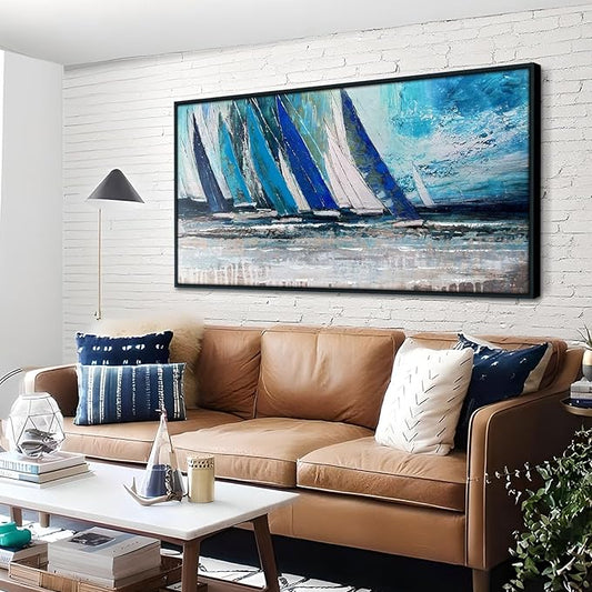Arjun Framed Wall Art Blue Abstract Wall Art Canvas for Living Room, Teal Coastal Nautical Sailboat Picture Painting Artwork Bedroom Home Office Wall Decor, Black Wood Large 48"x24"