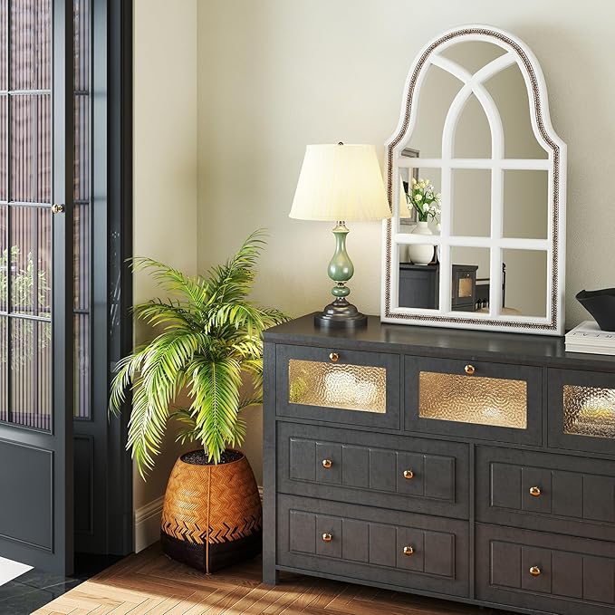 36x22 inches Arched Window Wall Mirrors with Grids, White Farmhouse Wooden Arch Mirror for Dresser, Bedroom, Stairways, Entryway and Living Rooms Decorative