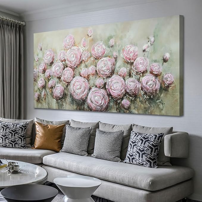 Arjun Floral Wall Art Living Room Rose Canvas Wall Art for Bedroom Flower Extra Large Painting, Christmas Gift Textured Artwork Picture Home Office Dining Room Wall Decor, 58"x29"
