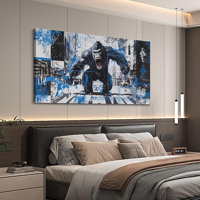 JEAWA Large Canvas Wall Art, Funny Angry Gorilla Abstract City Street Graffiti Pop Paintings Black and White Modern Picture for Living Room Bedroom Men Teenage Study Home Office Decor 24x48 IN