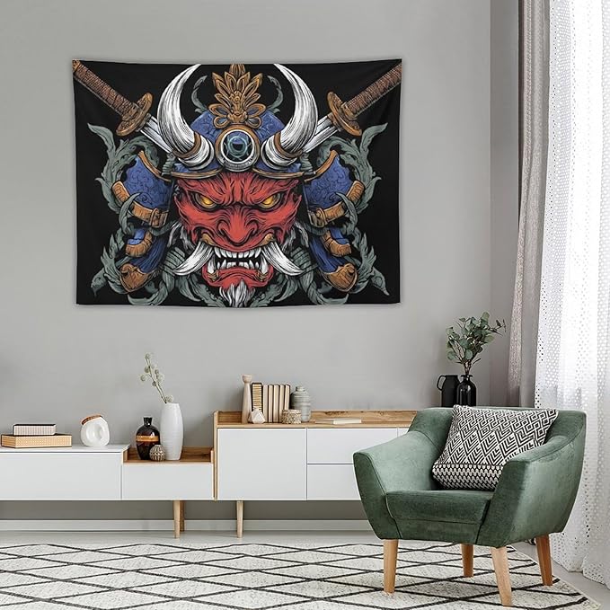 UUKXKUU Oriental Retro Mask Symmetry Samurai Japanese Tapestry Flag Backdrop Wall Hanging Large Wall Art Decor for Dorm Office Bedroom Living Room 30"×40"