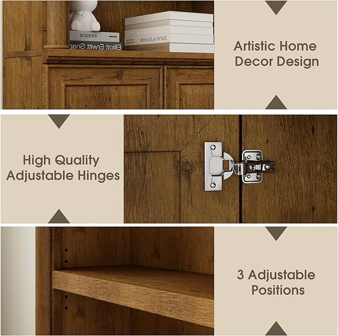 72" Roman Column Bookcase with Double Door Cabinet, 5 Tiers Tall Bookshelf Shelves Storage Anti Tip Kit, Classic American European Modern Multi Style Design for Living Room Study Office, Vintage Oak