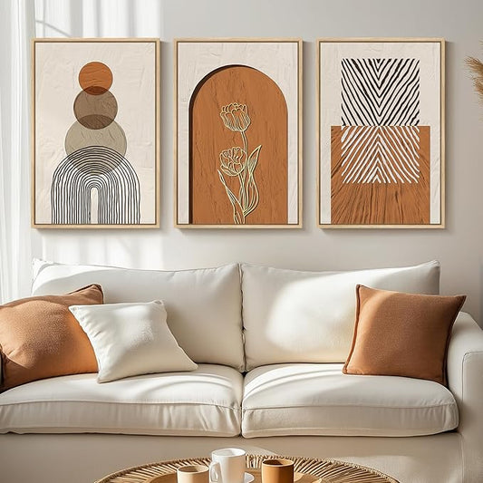 Large Boho Framed Wall Art, Set of 3 Piece Bohemian Wall Hanging Canvas Paintings Artwork for Walls, Neutral and Orange Geometric Art Prints Pictures for Living Room Bedroom Office Wall Decor 16x24 In