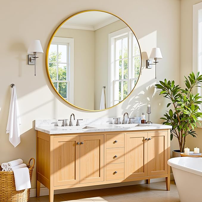 Antok Wall Mirror, 30"x30" Bathroom Vanity Mirror, Anti-Rust HD Tempered Glass, Wall Mounted Mirrors for Living Room, Entryway, Gold Frame, Round