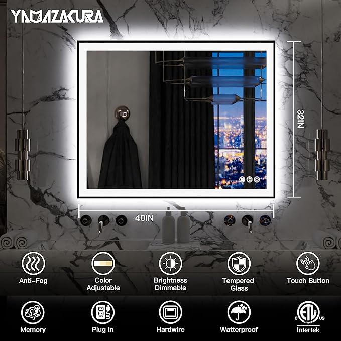 Lighted Bathroom Mirror 40x32 Backlit and Front Light LED Wall-Mounted Vanity Mirror Modern Rectangle Black Mirror (Horizontal/Vertical)