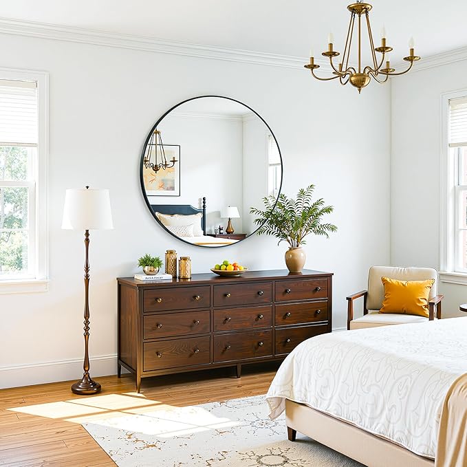 Antok Wall Mirror, 24"x24" Bathroom Vanity Mirror, Anti-Rust HD Tempered Glass, Wall Mounted Mirrors for Living Room, Entryway, Black Frame, Round