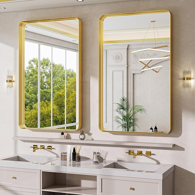 Bathroom Mirror Vanity for Over Sink Wall Mirror - 30x48 Inch Rounded Corner Rectangle Aluminum Frame Mirror,Hangs Horizontally or Vertically for Living Room Bedroom or Entryway Gold