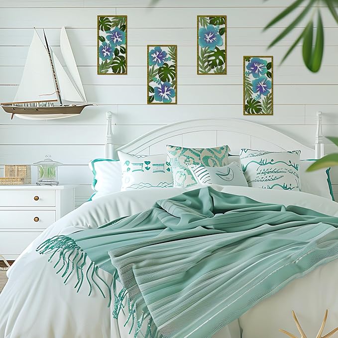 4 Pcs Tropical Wall Decor Cutout Wooden Palm Leaf Wall Art Minimalist Monstera Sculptures Wood Hibiscus Flowers Hanging Decor Vintage Plant Plaque for Home Bathroom Office (Fresh)