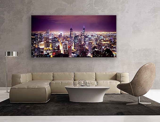 NAN Wind Large Modern City Chicago Skyline Pictures Cityscape Canvas Wall Art for Bedroom Downtown Poster Office Dining Room Wall Decor Wood Framed Night Scene Prints Paintings for Home Decorations