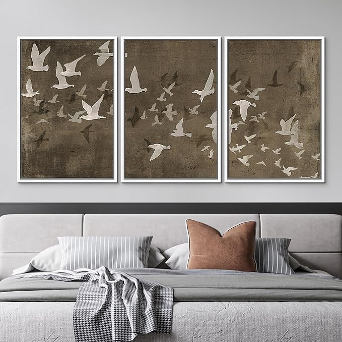 MUDECOR Framed Wall Art Print Set Flock of Abstract Birds in Flight Earthy Tones Illustrations Modern Art Boho Decorative Colorful Chic for Living Room, Bedroom, Office - 24"x36"x3 White