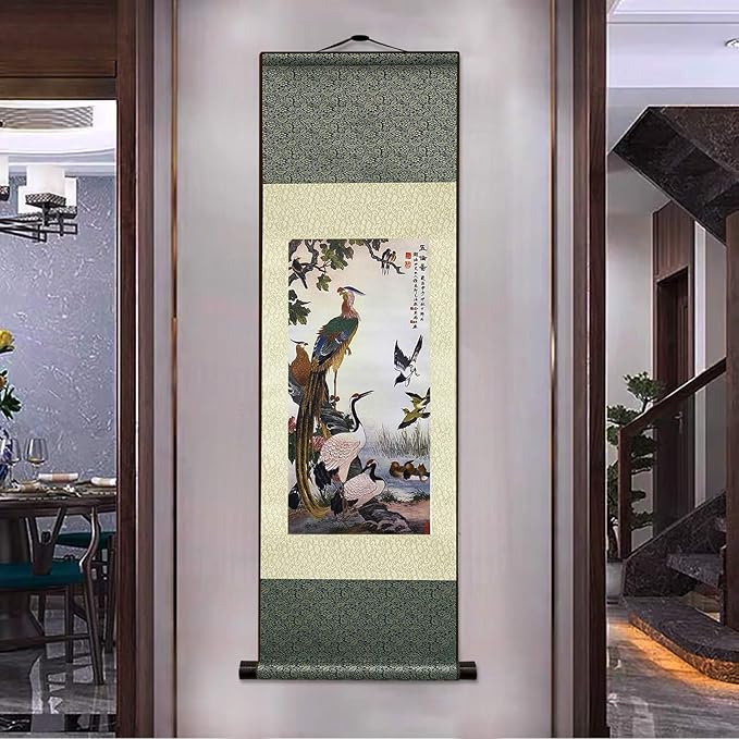 AtfArt Asian Wall Decor Beautiful Silk Scroll Painting Birds - Wulun Diagram Oriental Decor Chinese Art Wall Scroll Wall Hanging Painting Scroll (36.2 x 12 in)