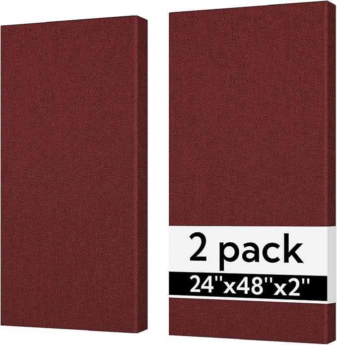Olanglab Sound Absorbing Acoustic Wall Panels 2 Pack, 2'' 24''x48'' Fiberglass Sound Dampening Panels, Large Fabric Wrapped Sound Proof Panels for Walls (Burgundy)