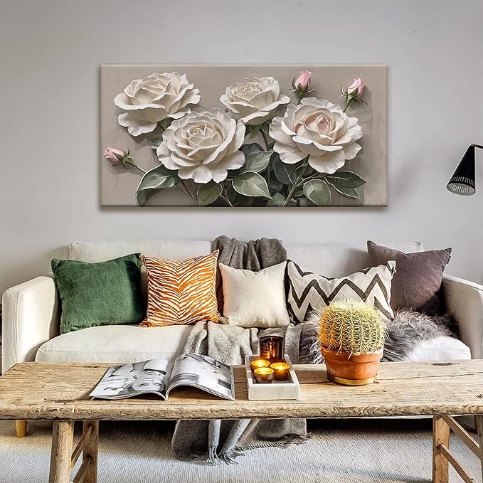Canvas Art Wall Decor Pink White Floral Wall Art For Living Room Modern Canvas Wall Decor Prints Pictures For Wall White Flower Wall Art For Hotel Artwork 24x48 Inch