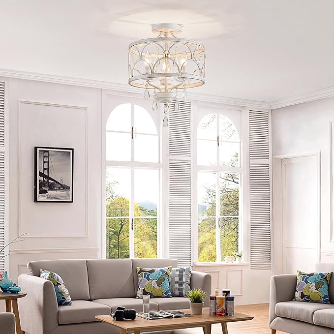 Crystal Ceiling Light Fixture, Modern Small Chandelier Light Fixture, Farmhouse White Semi Flush Mount Ceiling Light, Round Hallway Lighting Fixtures for Bedroom Entryway Dining Room Living Room