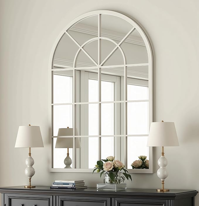 Arch Wall Mirror Mounted Decorative, 31"x42", Arched Window Pane Mirror for Wall-Mounted for Entryway, Bathroom Vanity, Living Room or Bedroom, Iron Frame, White