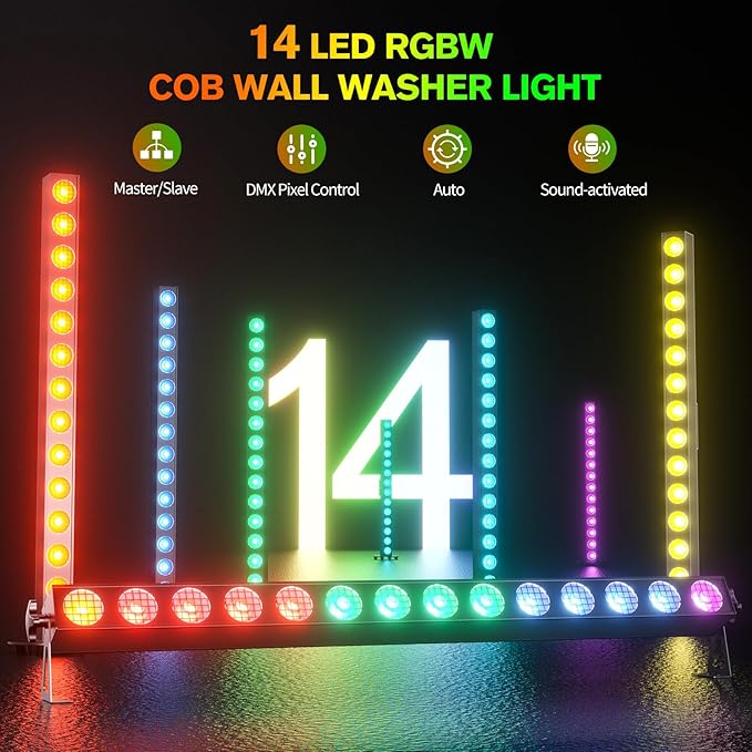150W Stage Light Bar 14 LED RGBW COB Washer Stage Lights with DMX512 Pixel Control,Auto, Sound-Activated, Master/Slave for Church Christmas Wedding Dance(8PC)