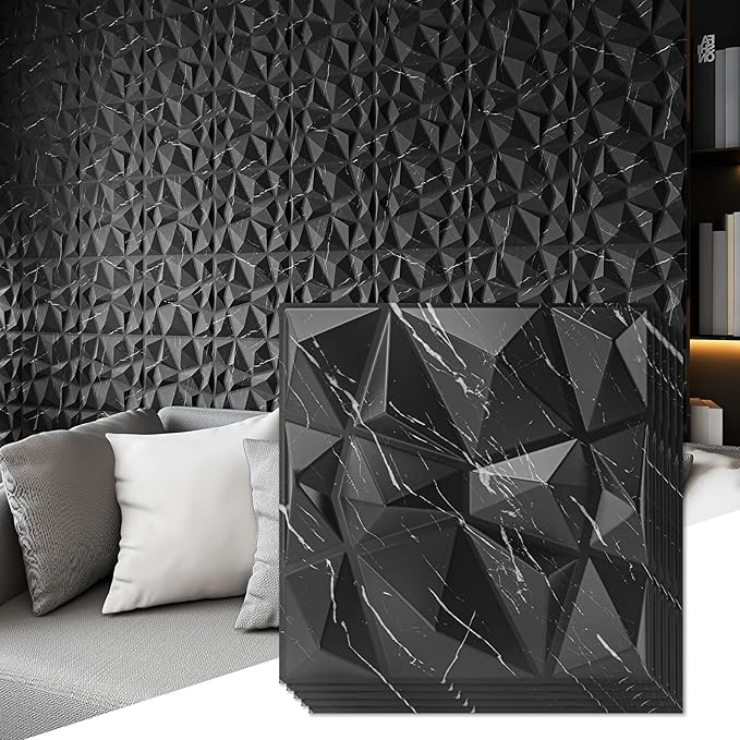 Art3d 3D Diamond Design Paneling for Interior Decor, Living Room, TV Wall Background, Bedroom, Gaming Setup, 11.8" x 11.8", Black Marble, 33 Pack