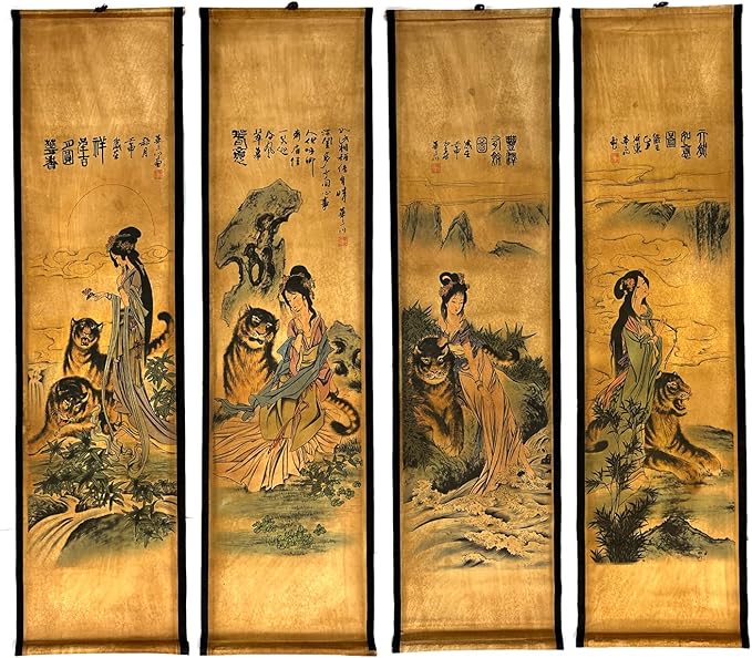 CIFIBIFUN Wall Japanese Geisha Tiger Art Prints Posters Painting Japan Traditional Vintage Style,4 Panels Home Walls Decor (Super Old Aging Paper, A Japan Painting)